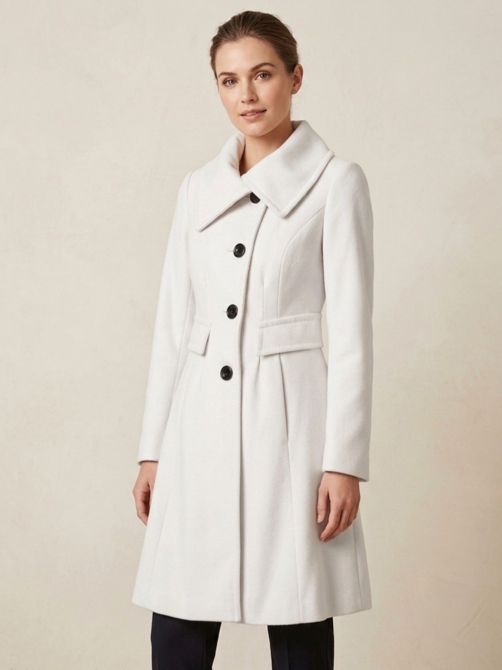 Express White Wool-Blend Pea Coat with Flared Silhouette